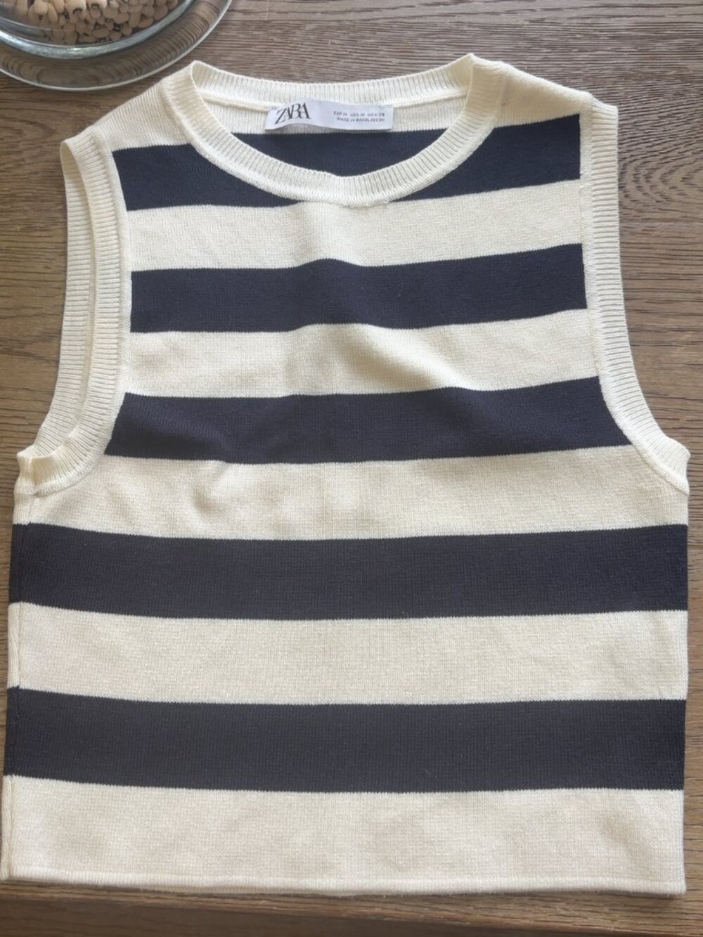 ZARA Cream Navy Striped Knit Sweater Vest Size S Sleeveless Crew Neck